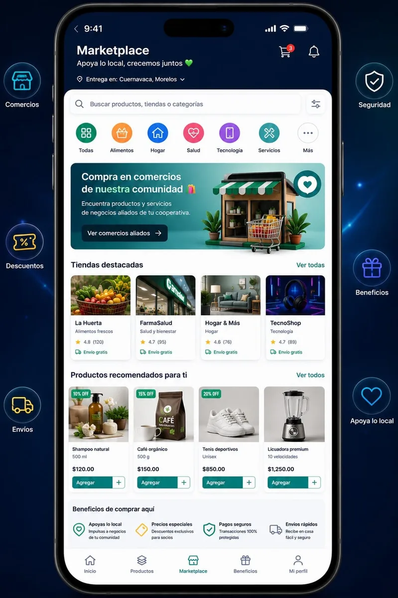 Marketplace cooperativo SIPET en app móvil